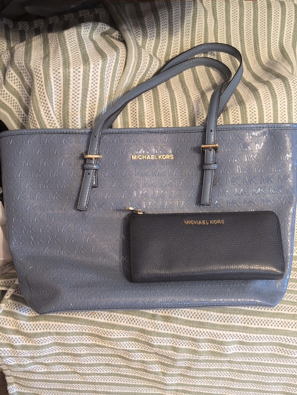 Michael Kors Light Blue Embossed MK Tote with Matching Pouch